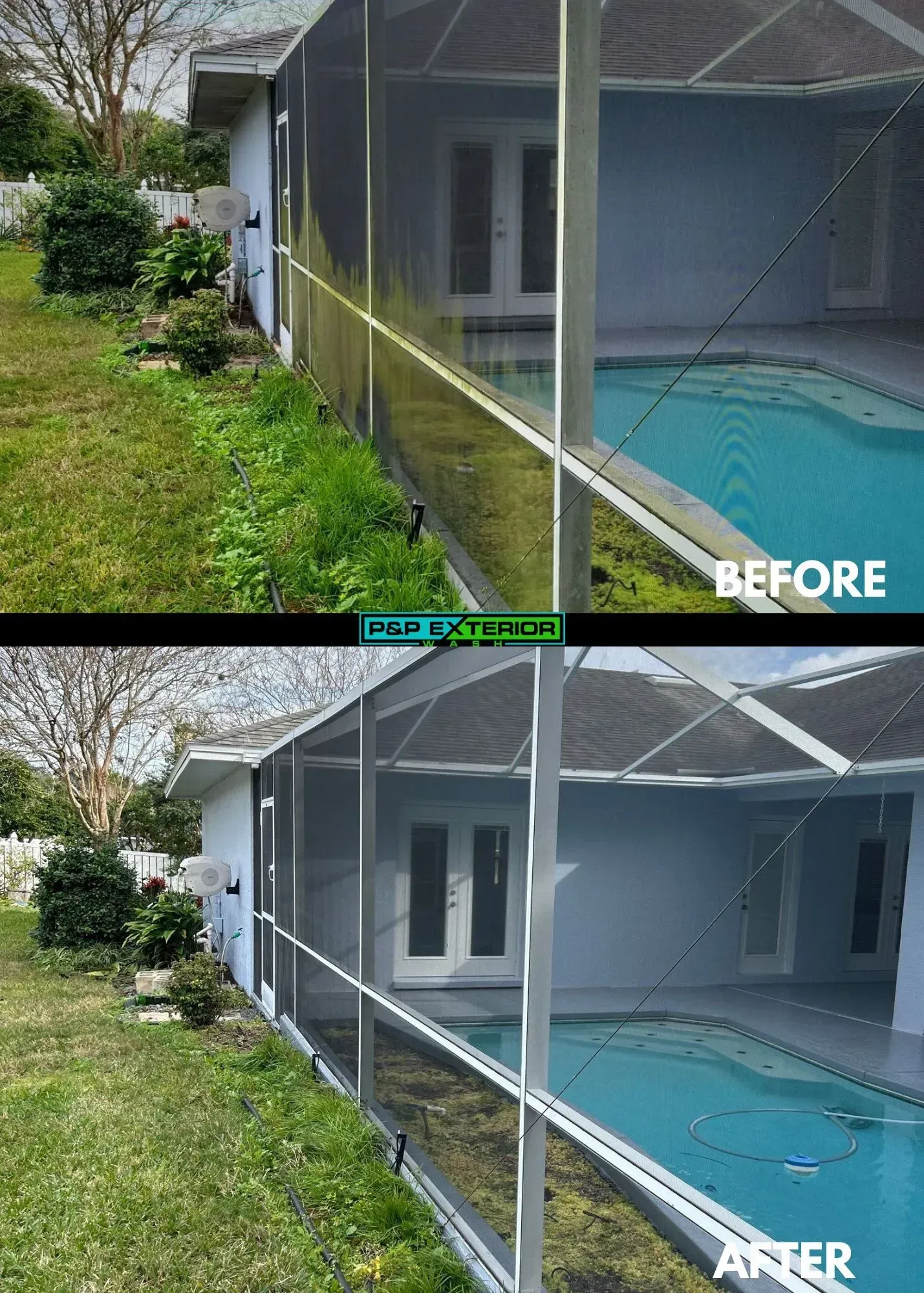 A before and after picture of a screened in swimming pool.