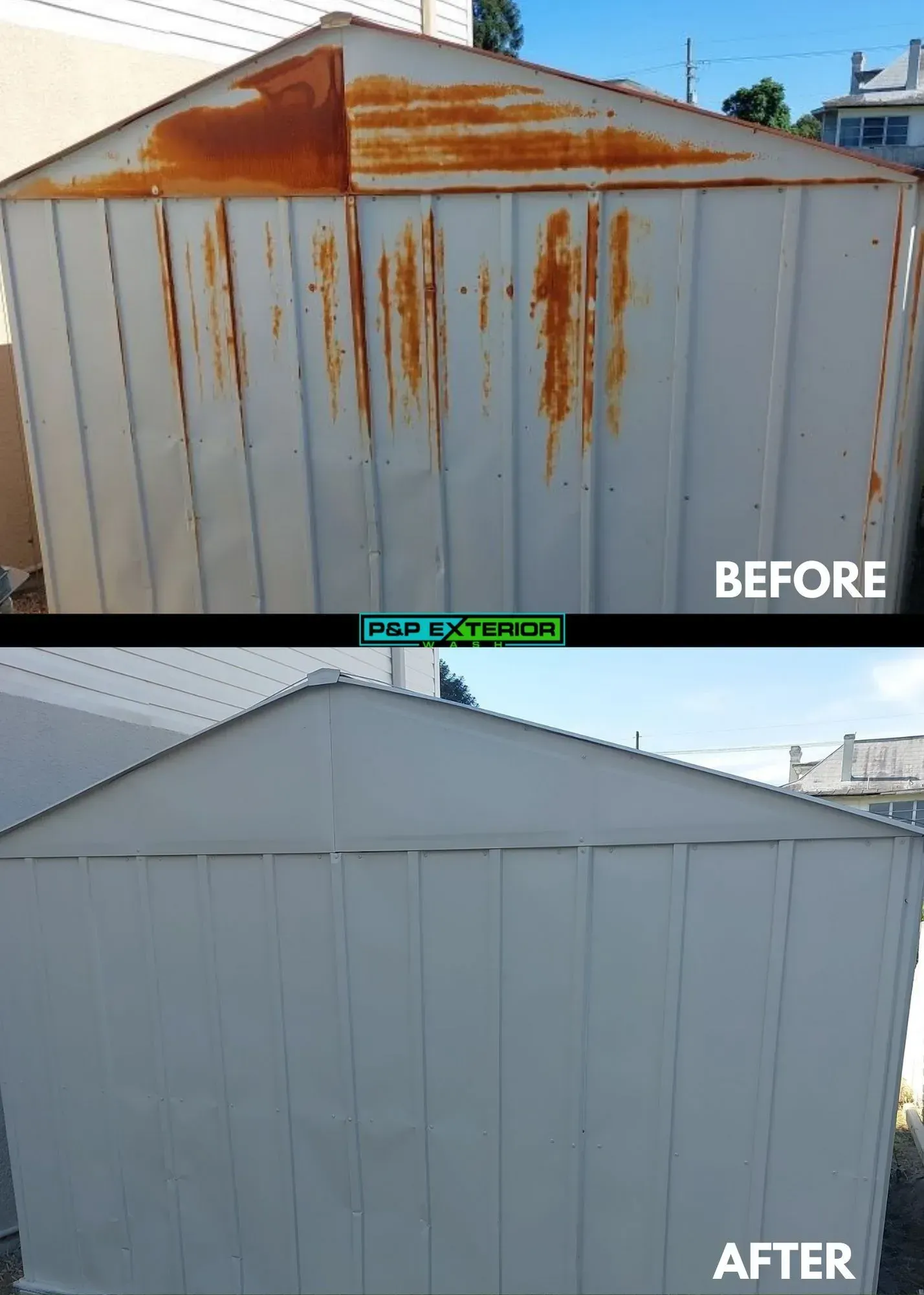 A before and after picture of a rusty shed.