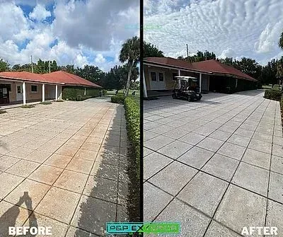 A before and after photo of a driveway with a golf cart parked in front of a house.