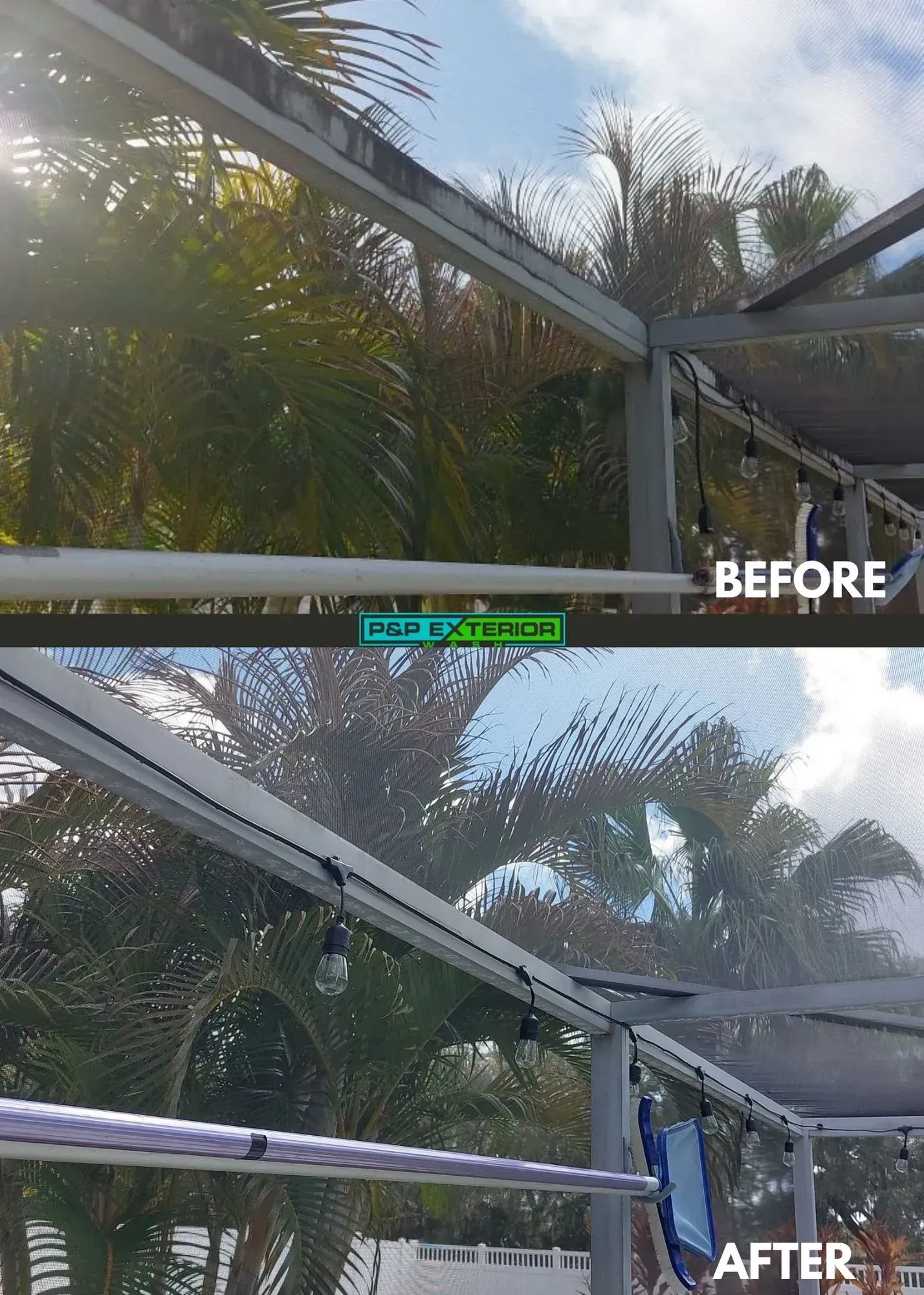 A before and after photo of a roof with palm trees in the background.