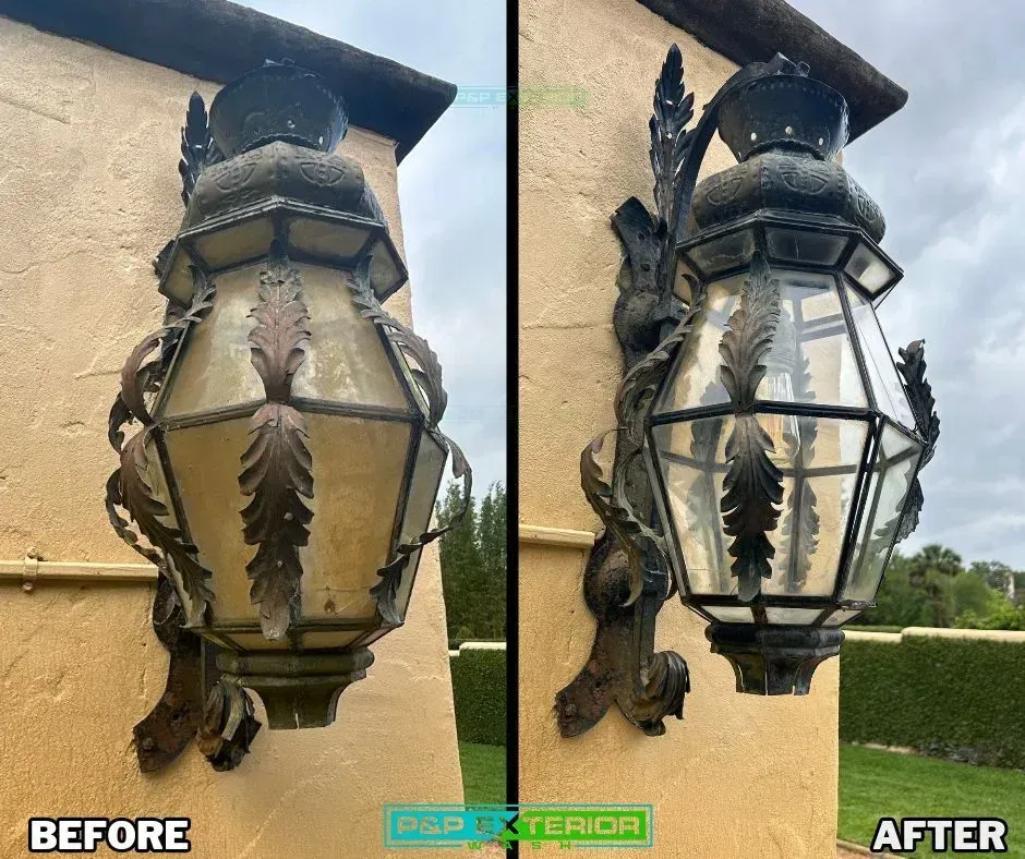 A before and after photo of a lantern on a wall.