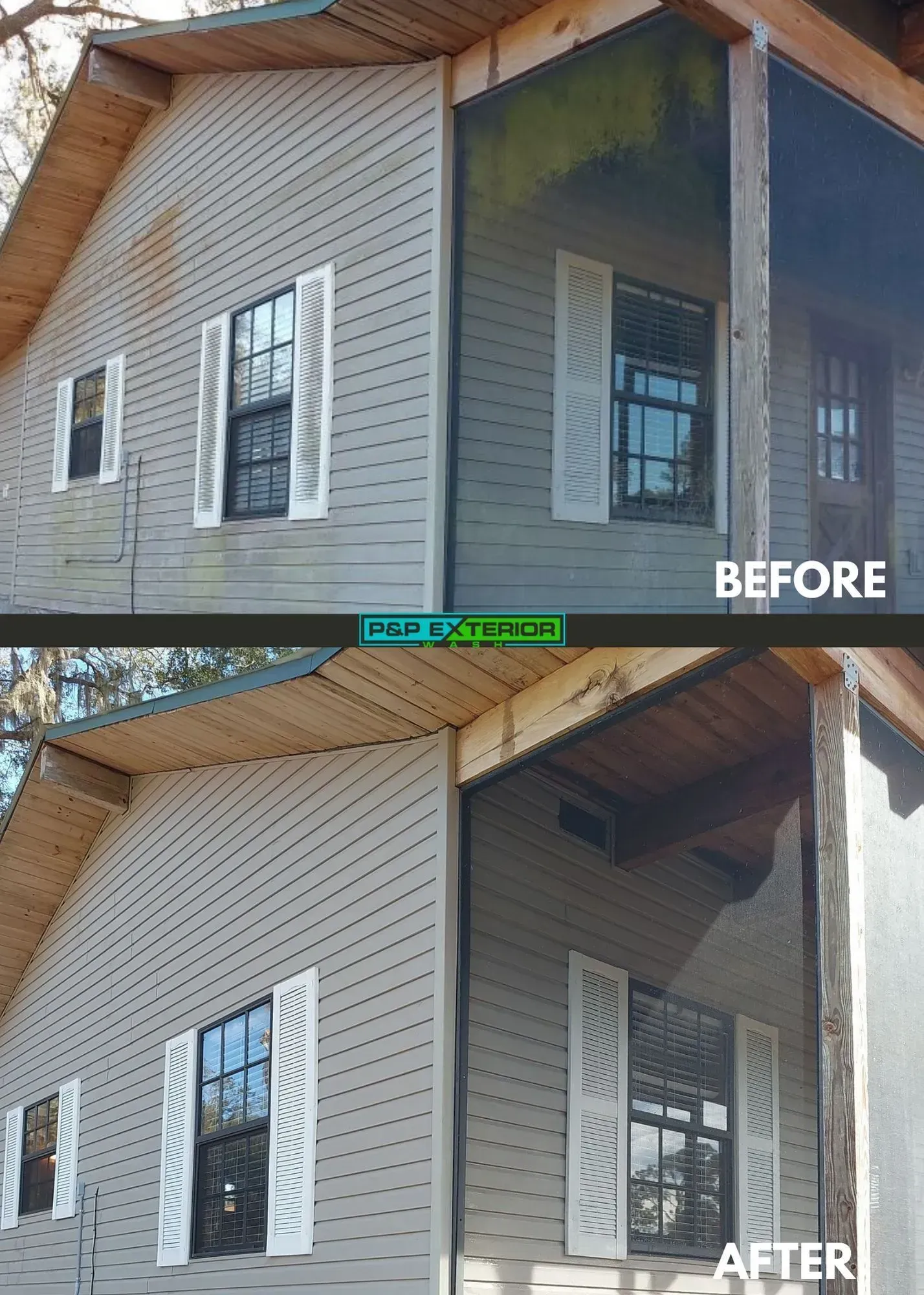 A before and after picture of a house with a screened in porch.