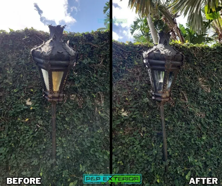 A before and after photo of a lamp post in front of a hedge.