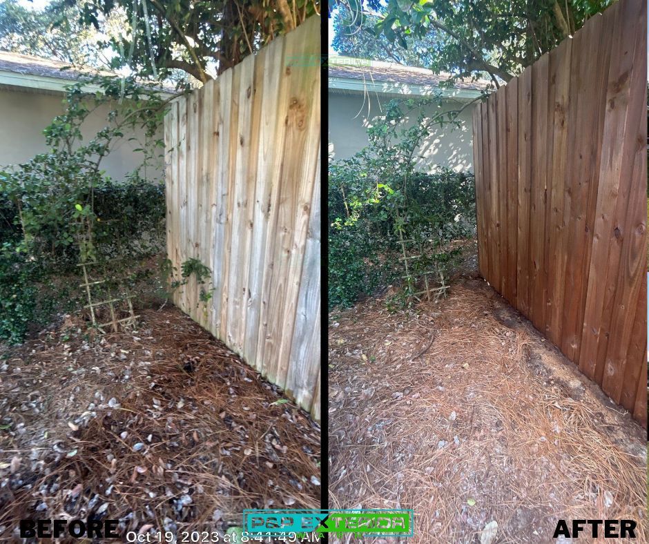A before and after photo of a wooden deck