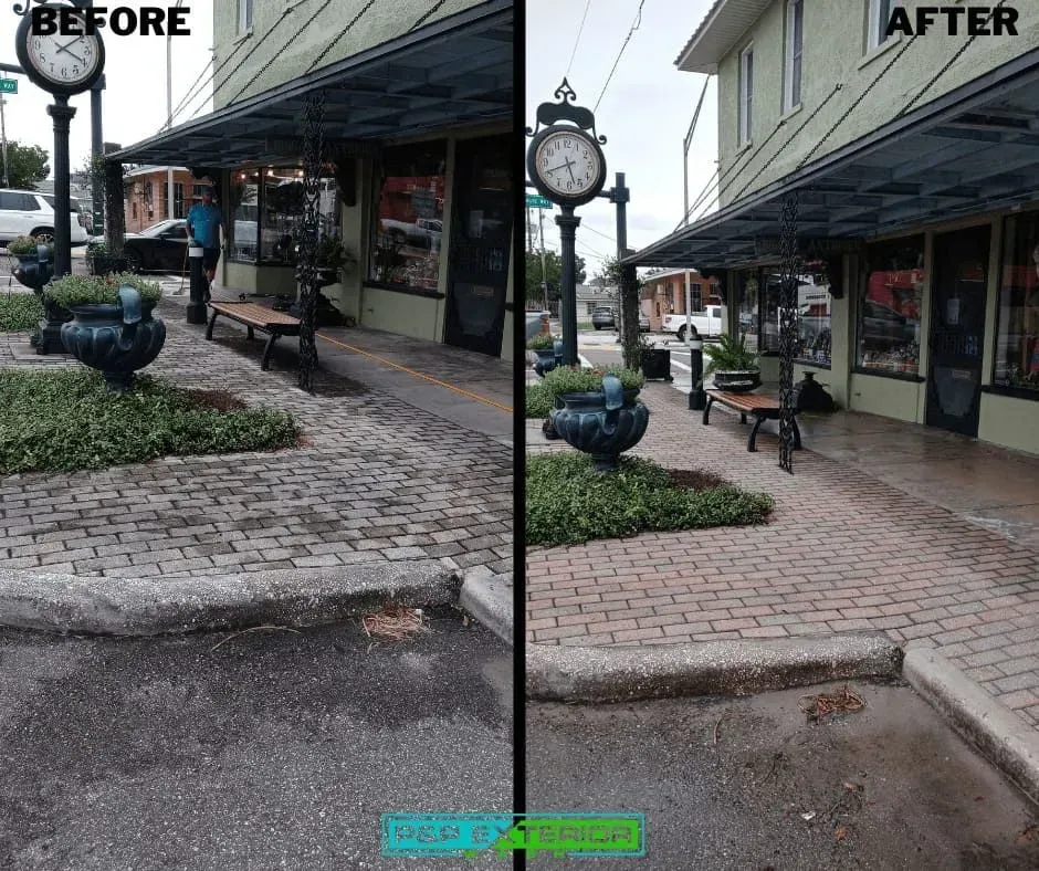 A before and after photo of a brick sidewalk