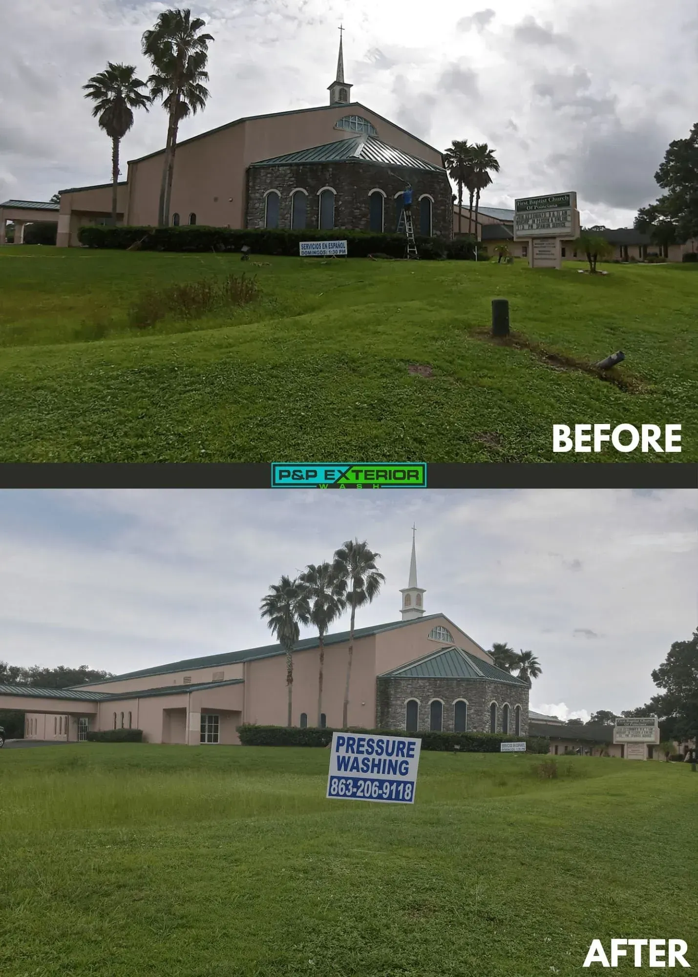 A before and after picture of a church