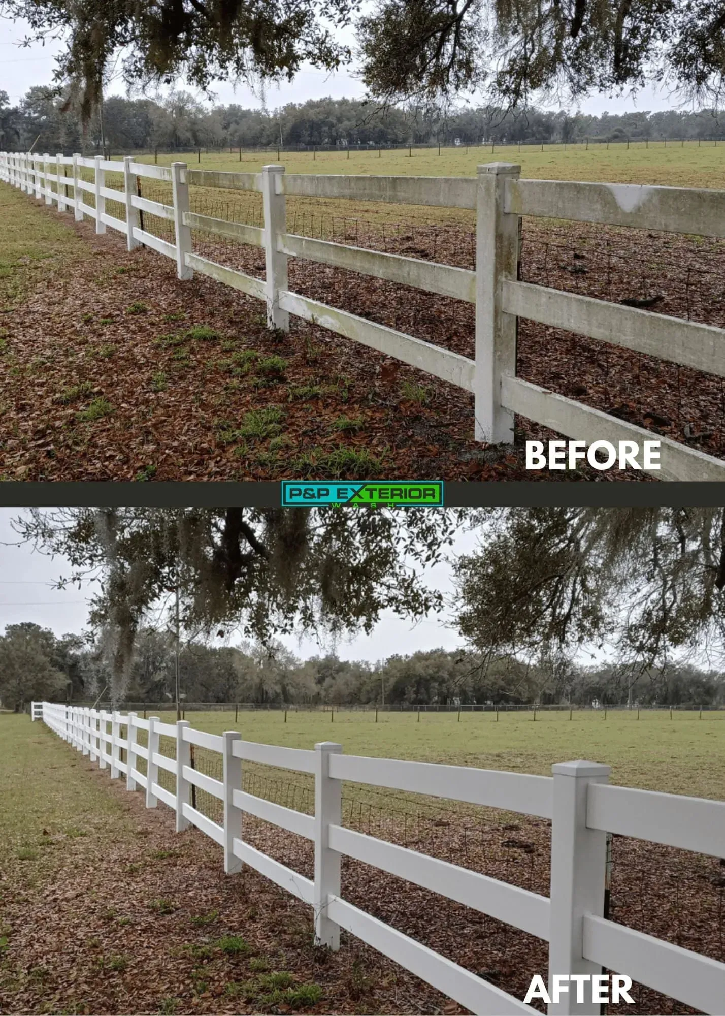 A before and after photo of a white fence in a field.