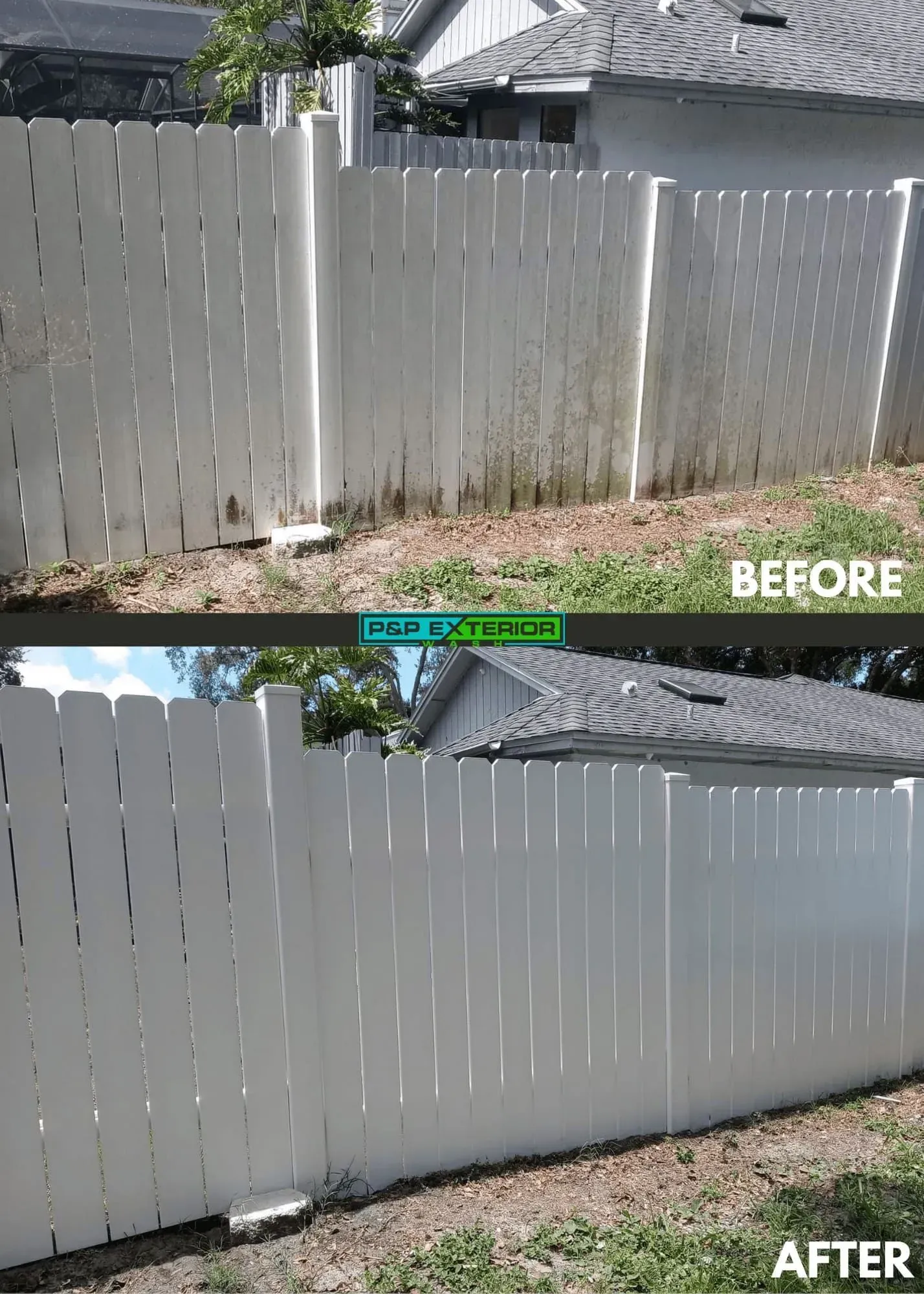 A before and after picture of a white fence.