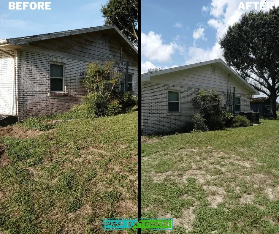 A before and after photo of a brick house