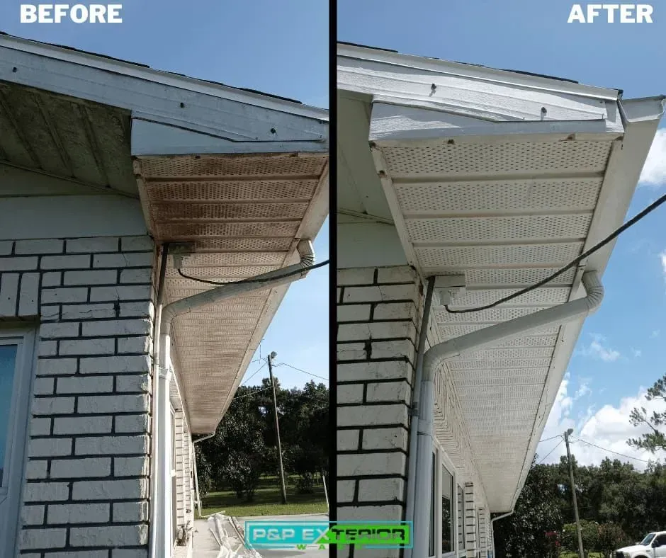 A before and after picture of a house gutter