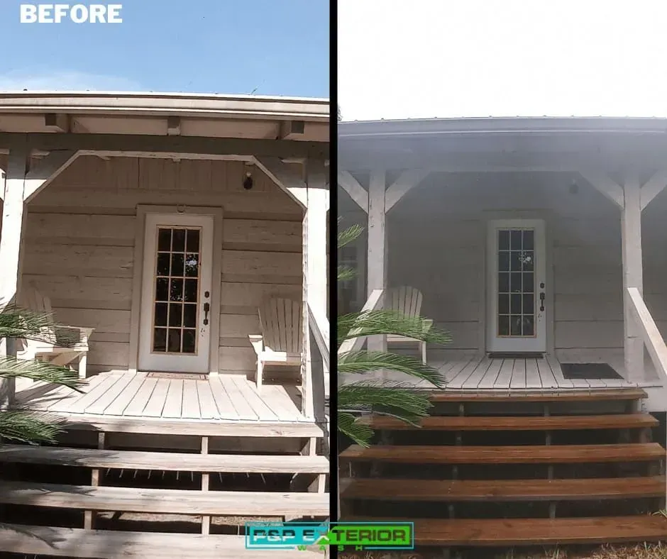 A before and after picture of a porch with stairs
