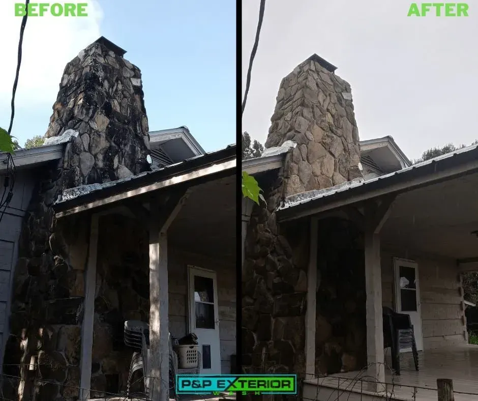 A before and after picture of a house with a chimney.
