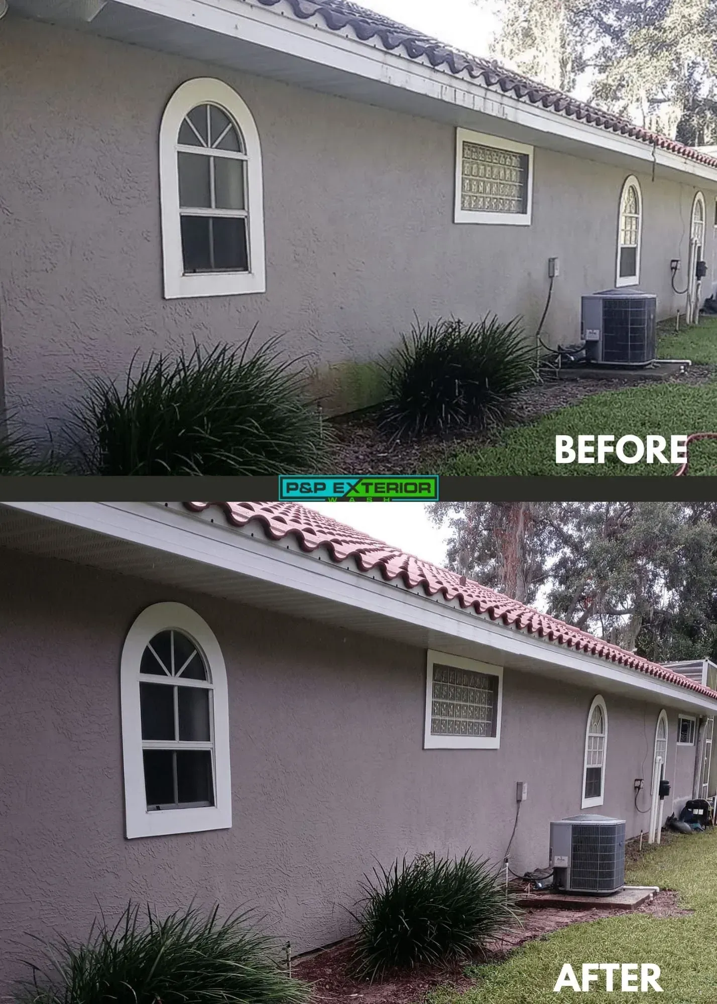 A before and after picture of a house with white windows.