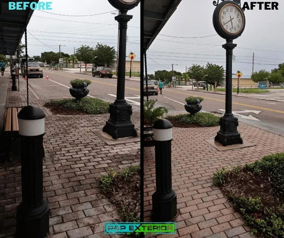 A before and after photo of a street clock