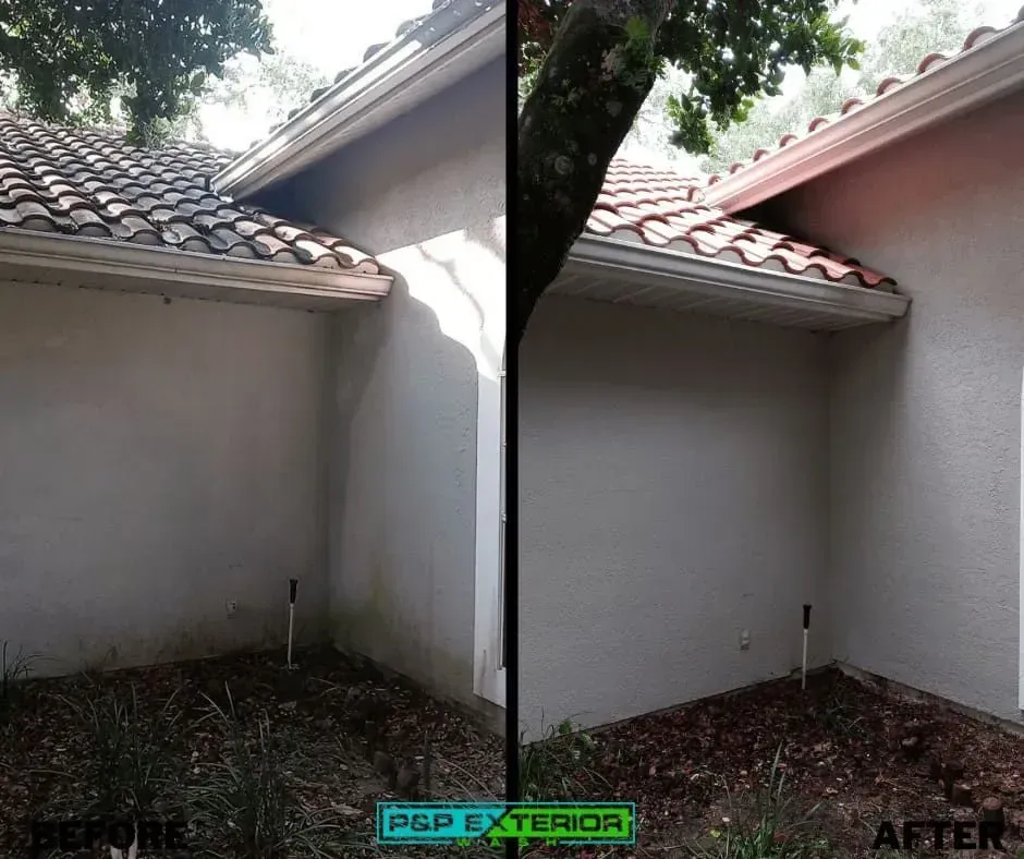 A before and after photo of a house with a tile roof