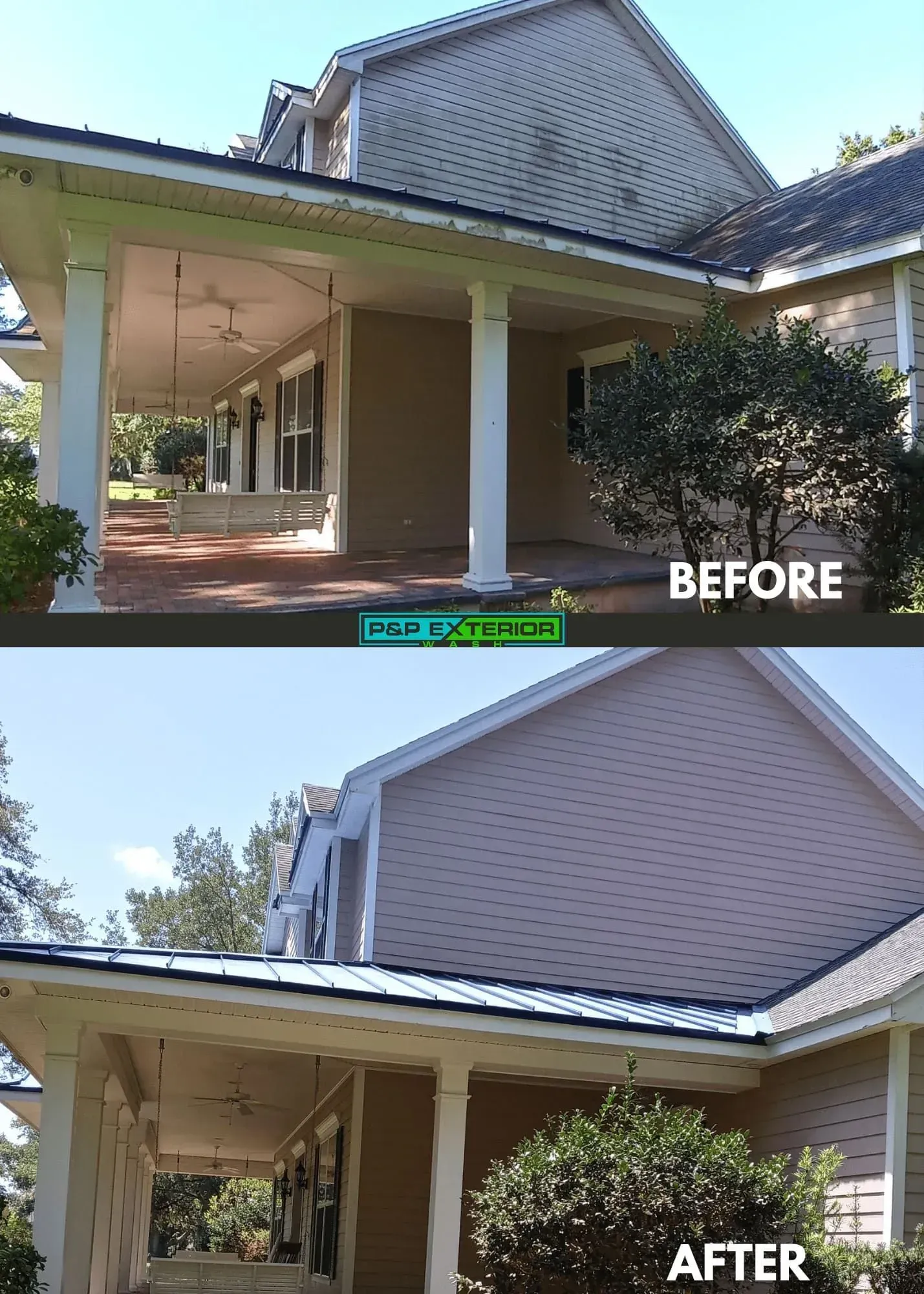 A before and after picture of a house with a porch.