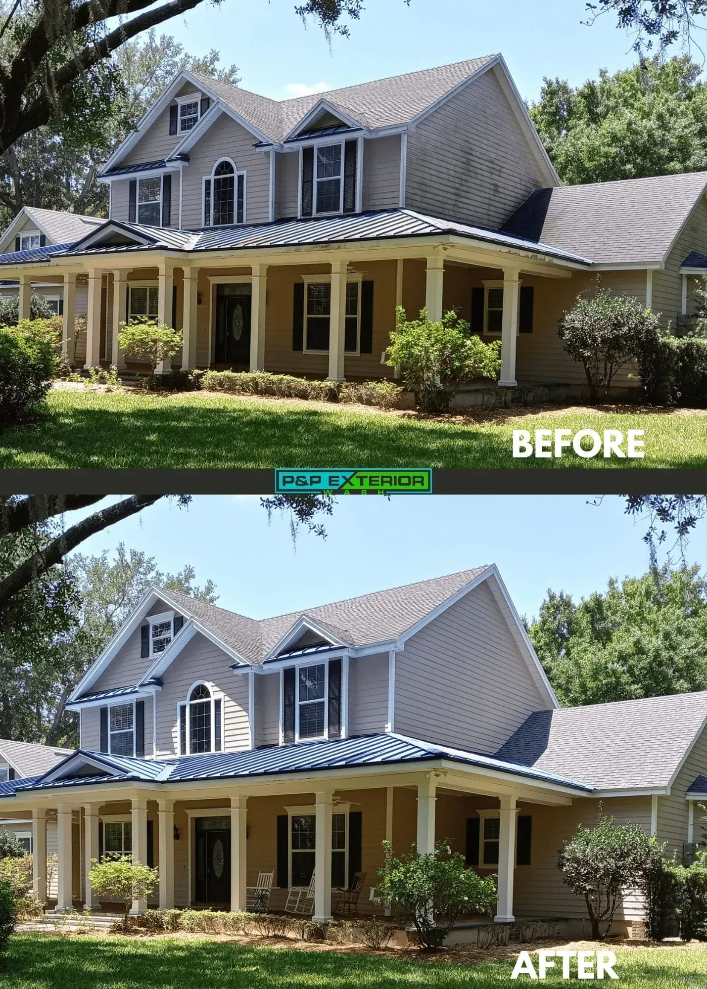 A before and after picture of a house with a porch.