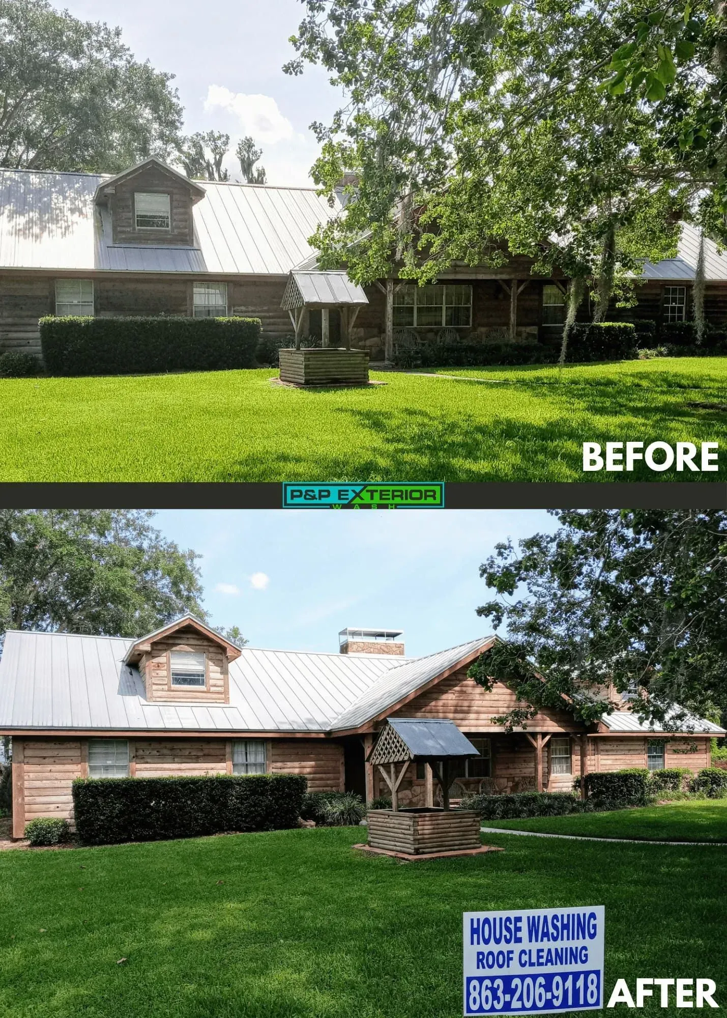 A before and after picture of a house with a metal roof.
