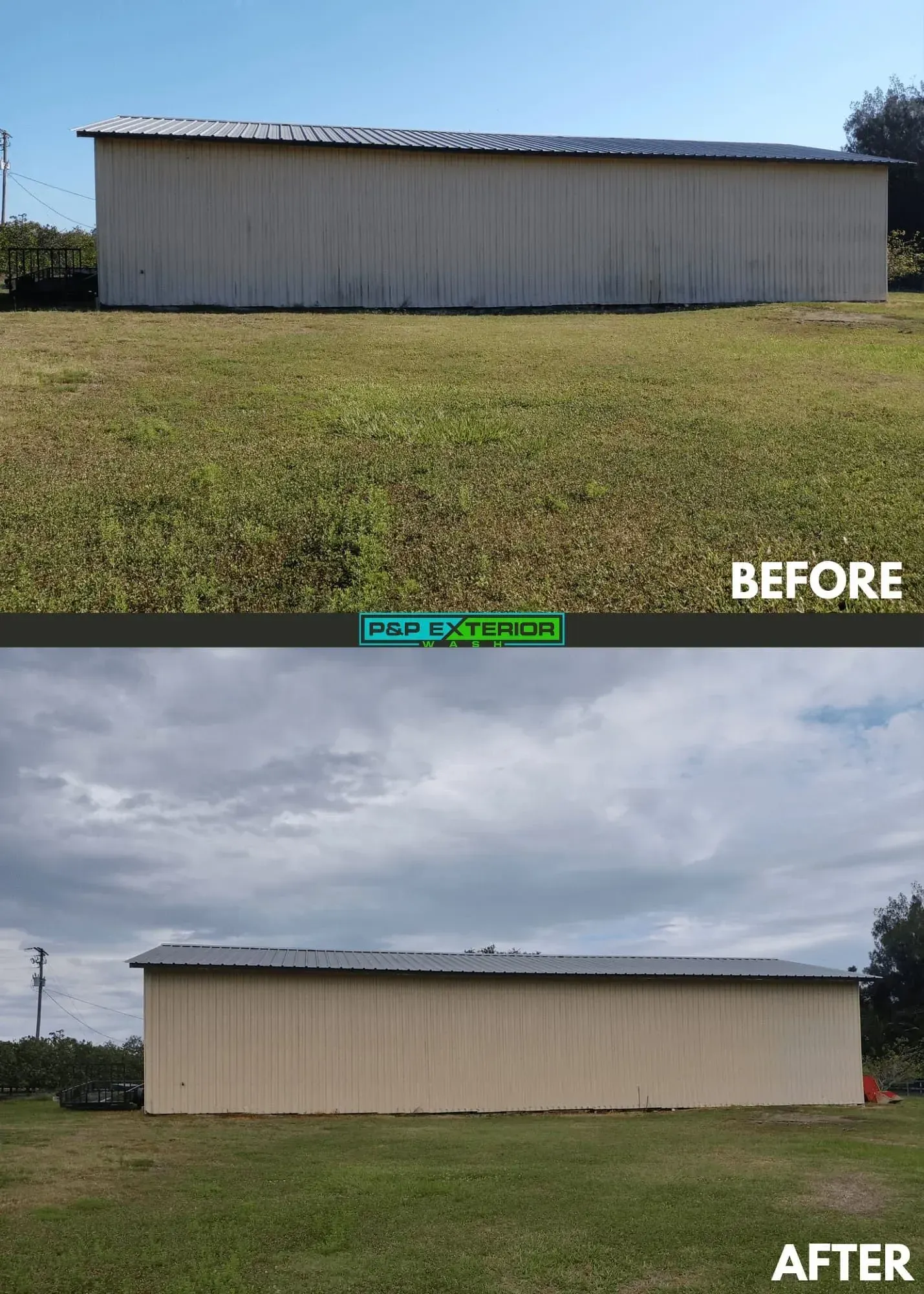 A before and after picture of a building in a grassy field.