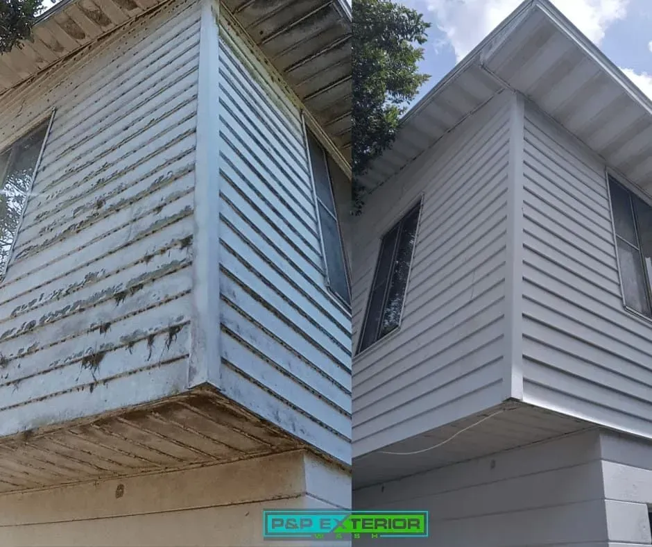 A before and after photo of a house 's siding