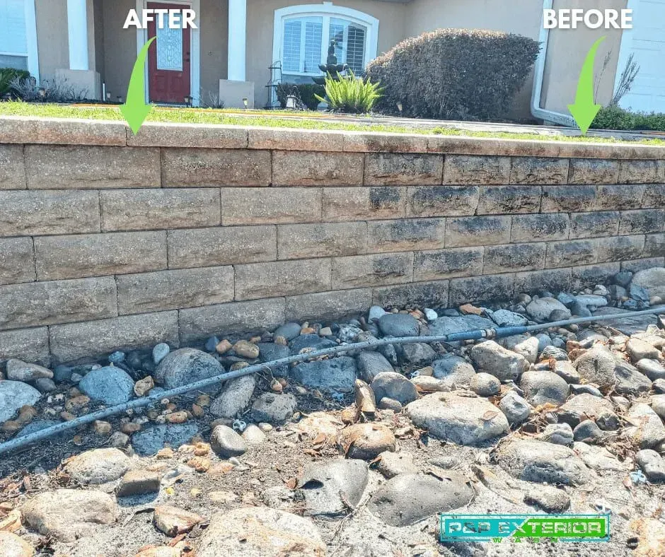 A before and after picture of a brick wall in front of a house.