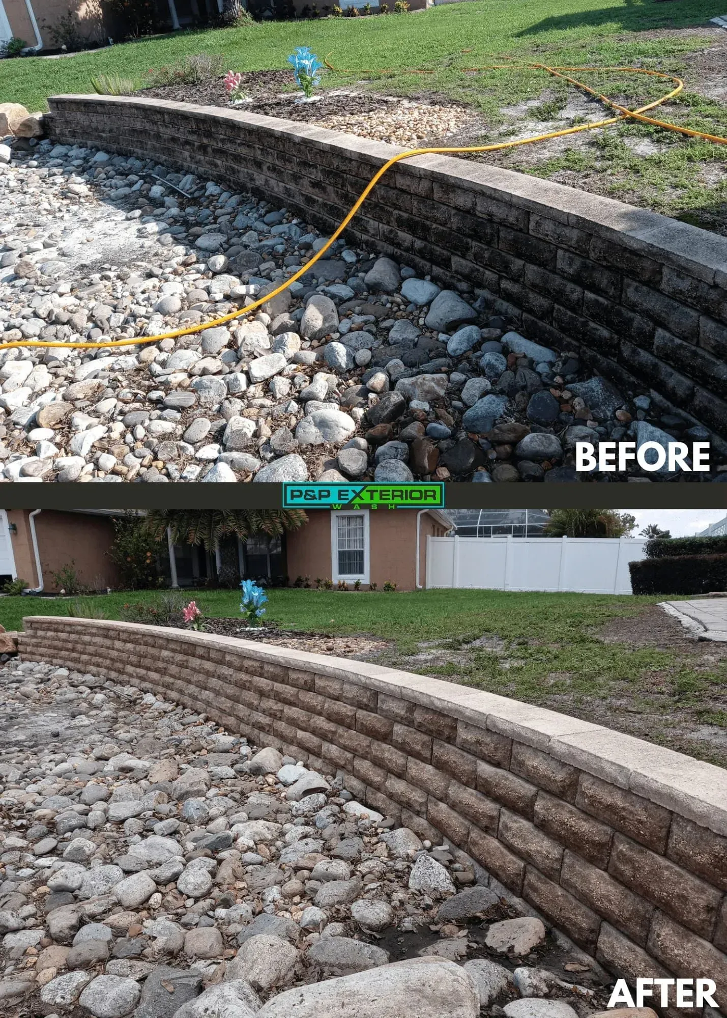 A before and after picture of a rock wall in a yard.