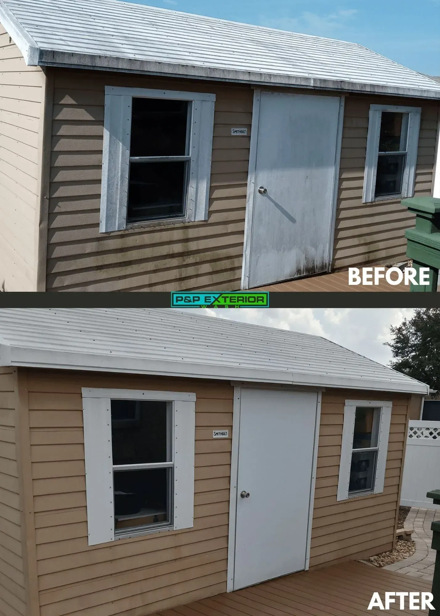 A picture of a shed before and after being painted