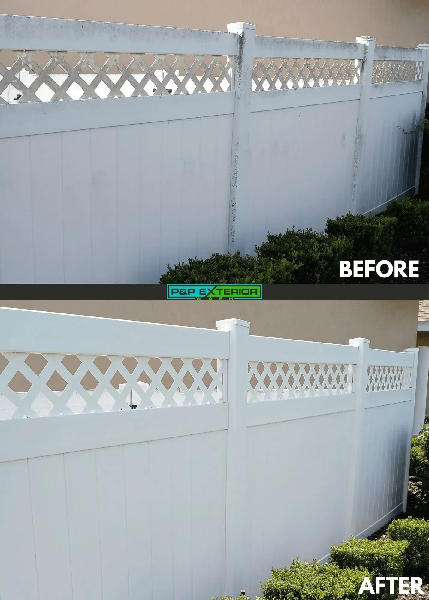 A before and after picture of a white fence.