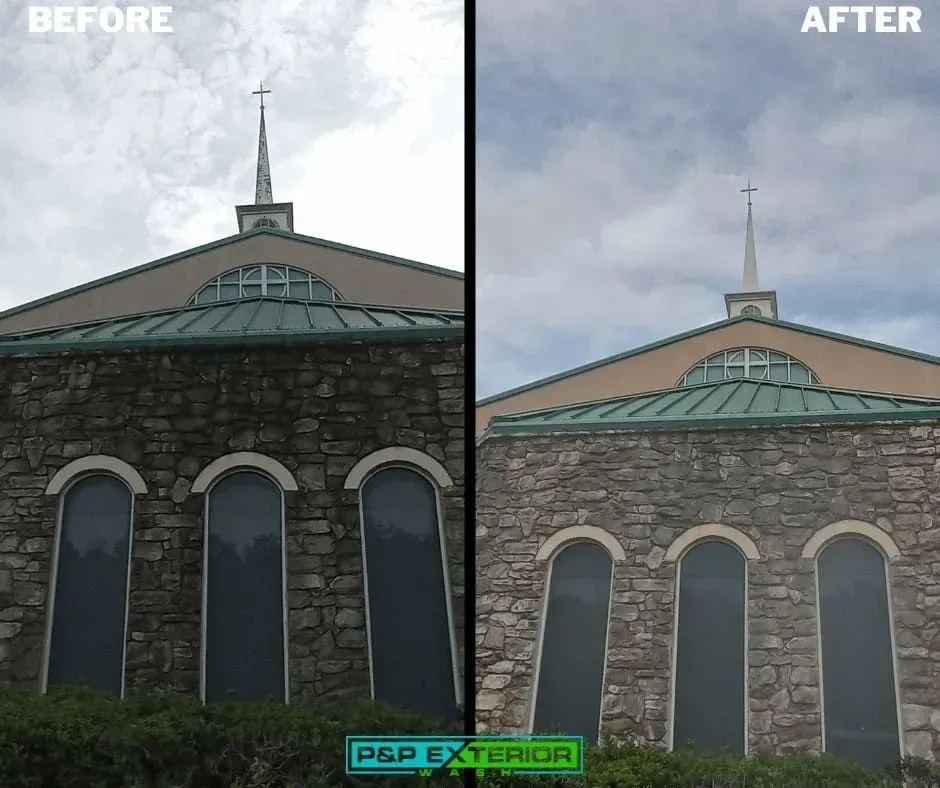A before and after photo of a church with a green roof