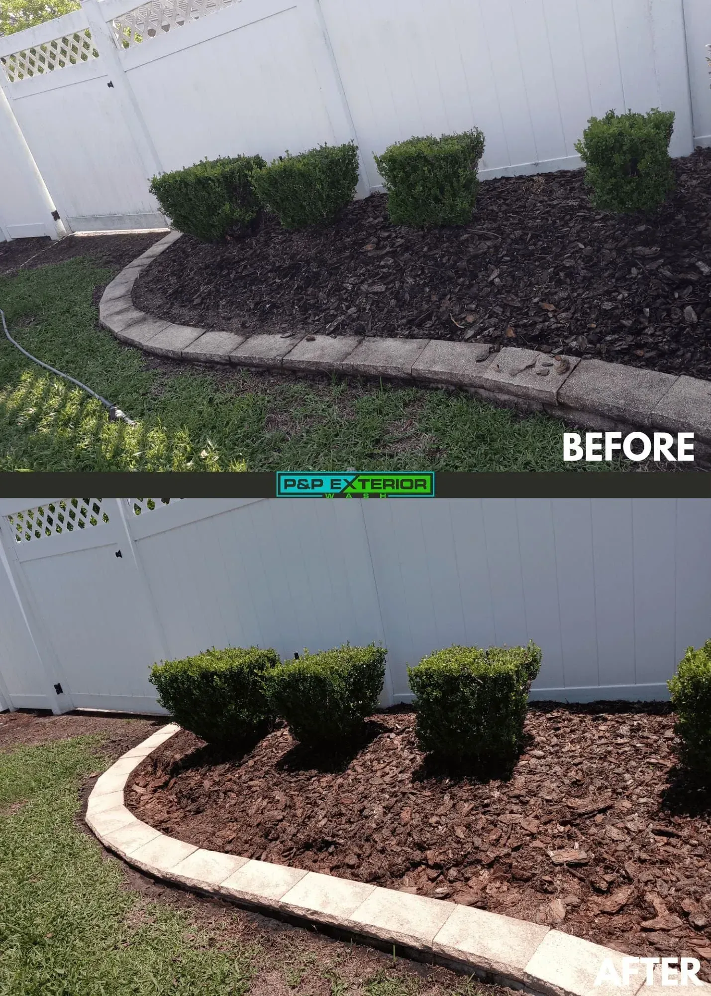 A before and after picture of a garden with a white fence.
