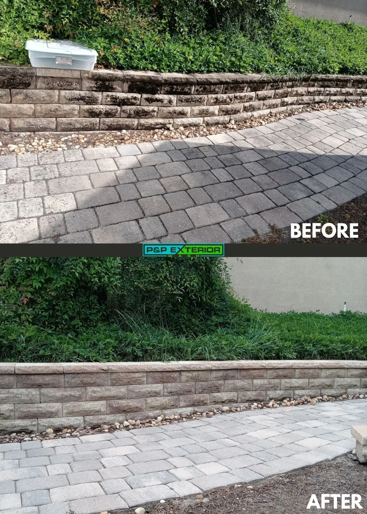 A before and after photo of a brick walkway.