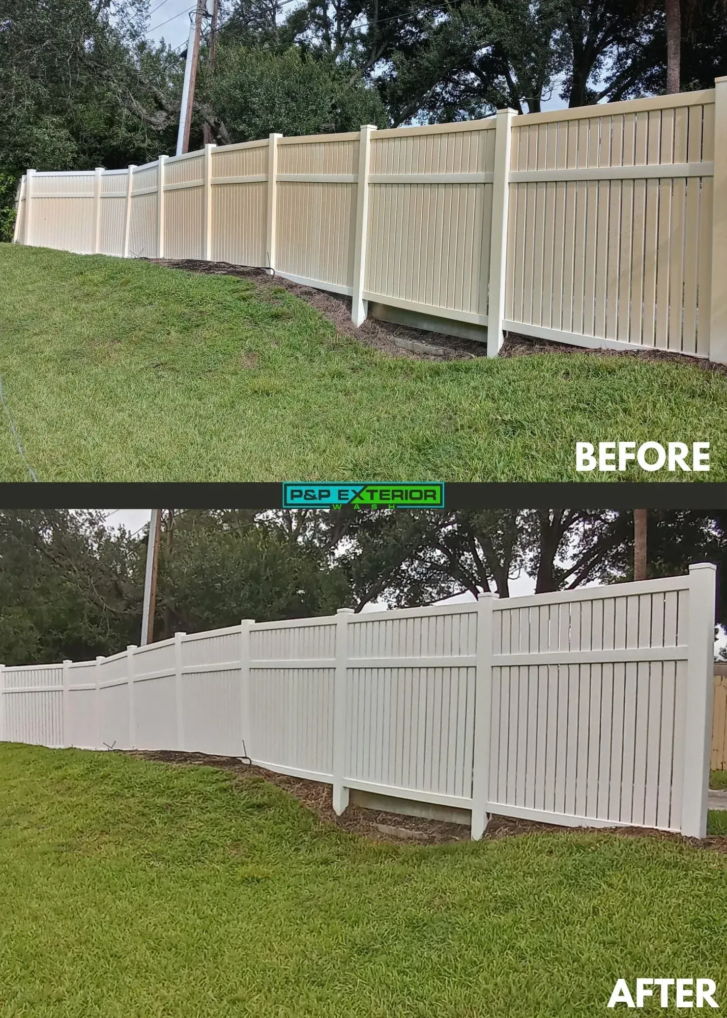 A before and after photo of a white vinyl fence.