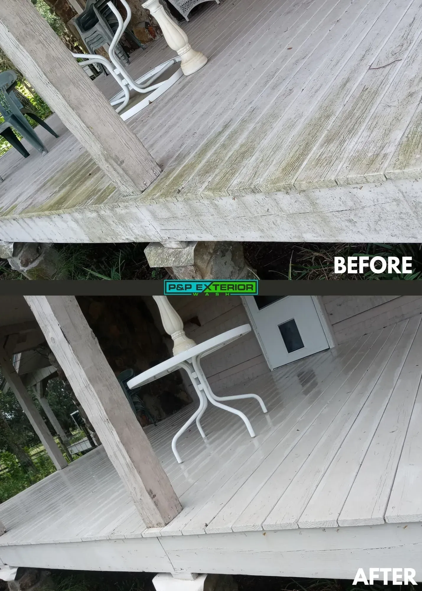 A before and after picture of a deck with a table on it.
