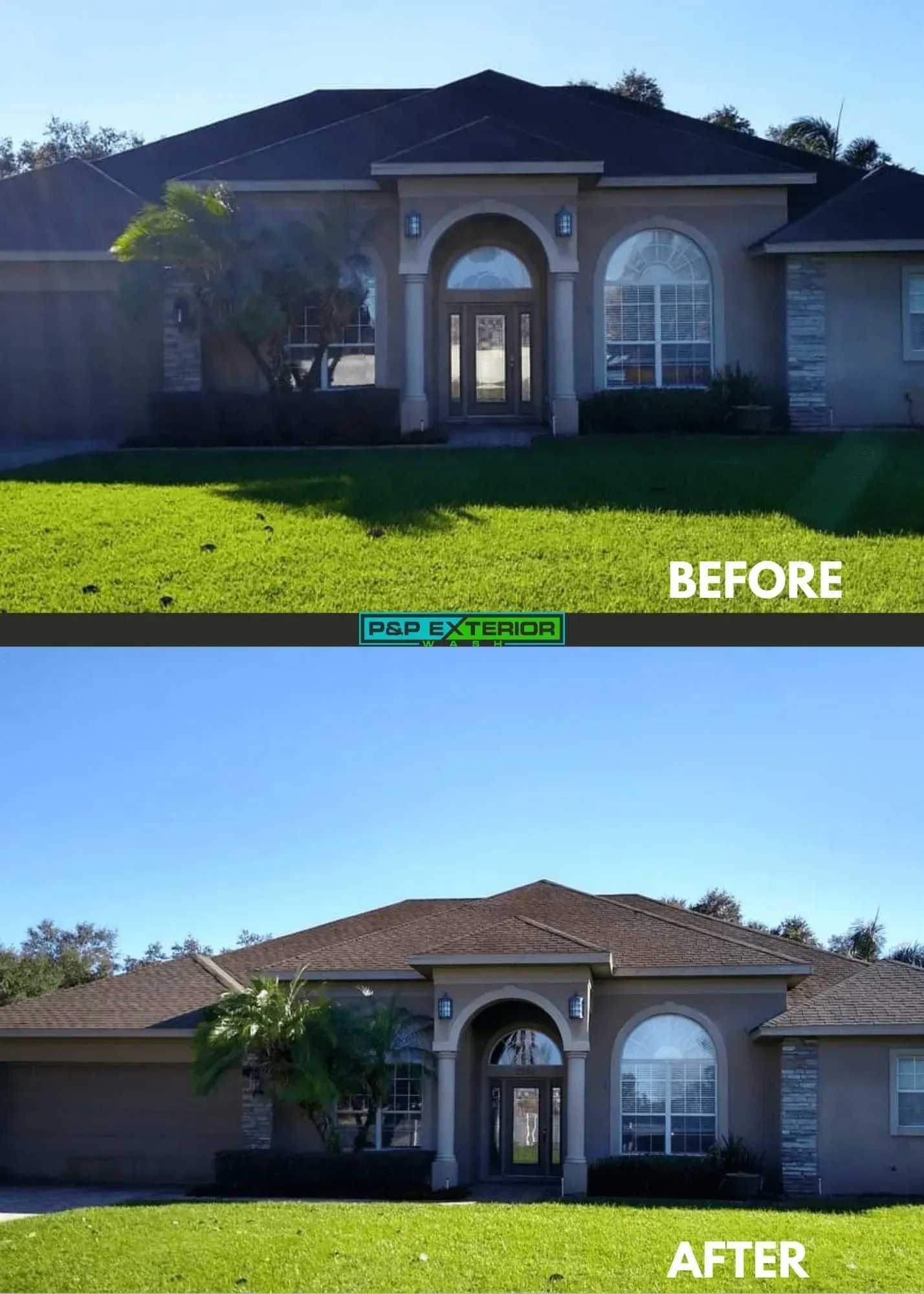 A before and after picture of a house with a roof