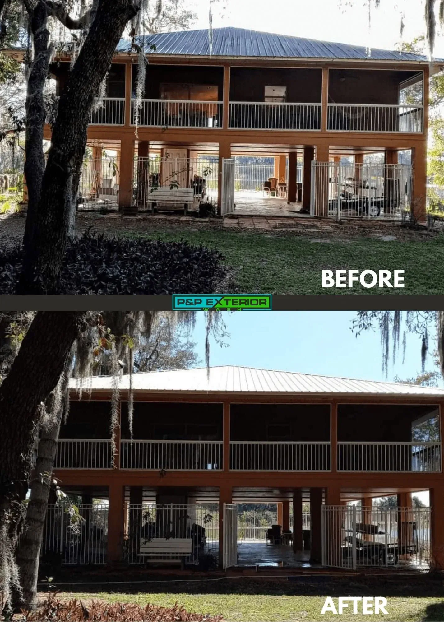 A before and after picture of a house with a blue roof