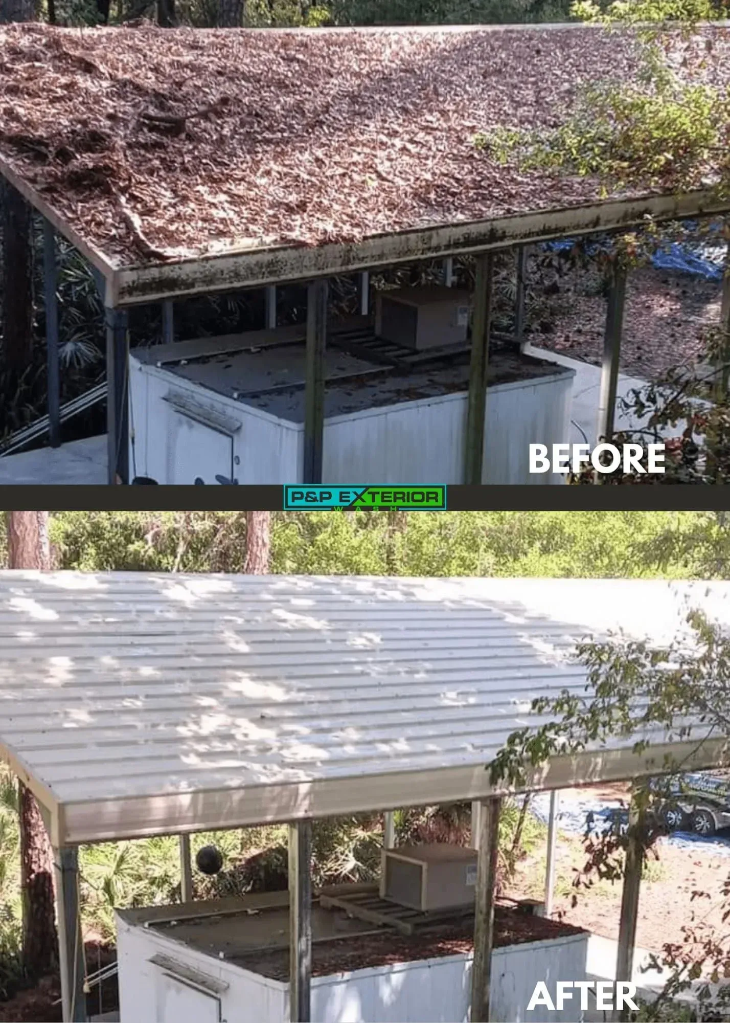 A before and after picture of a metal roof.