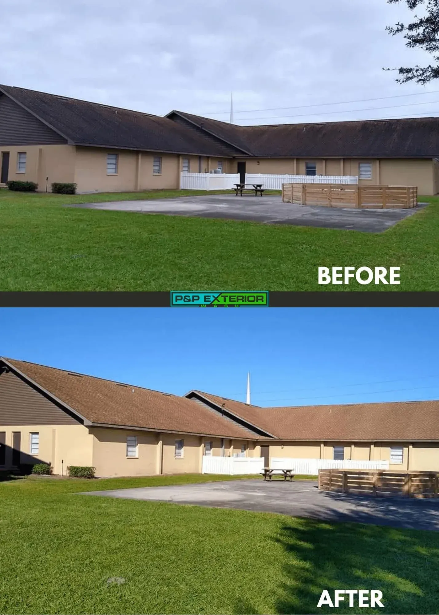 A before and after picture of a house with a brown roof