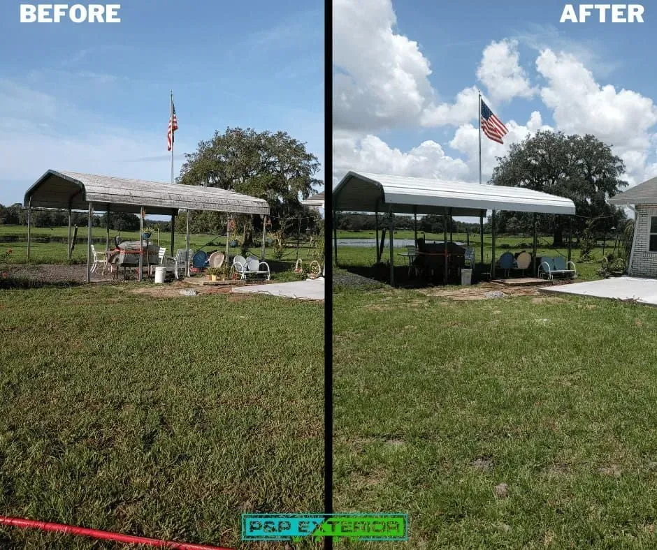 A before and after picture of a house with a canopy