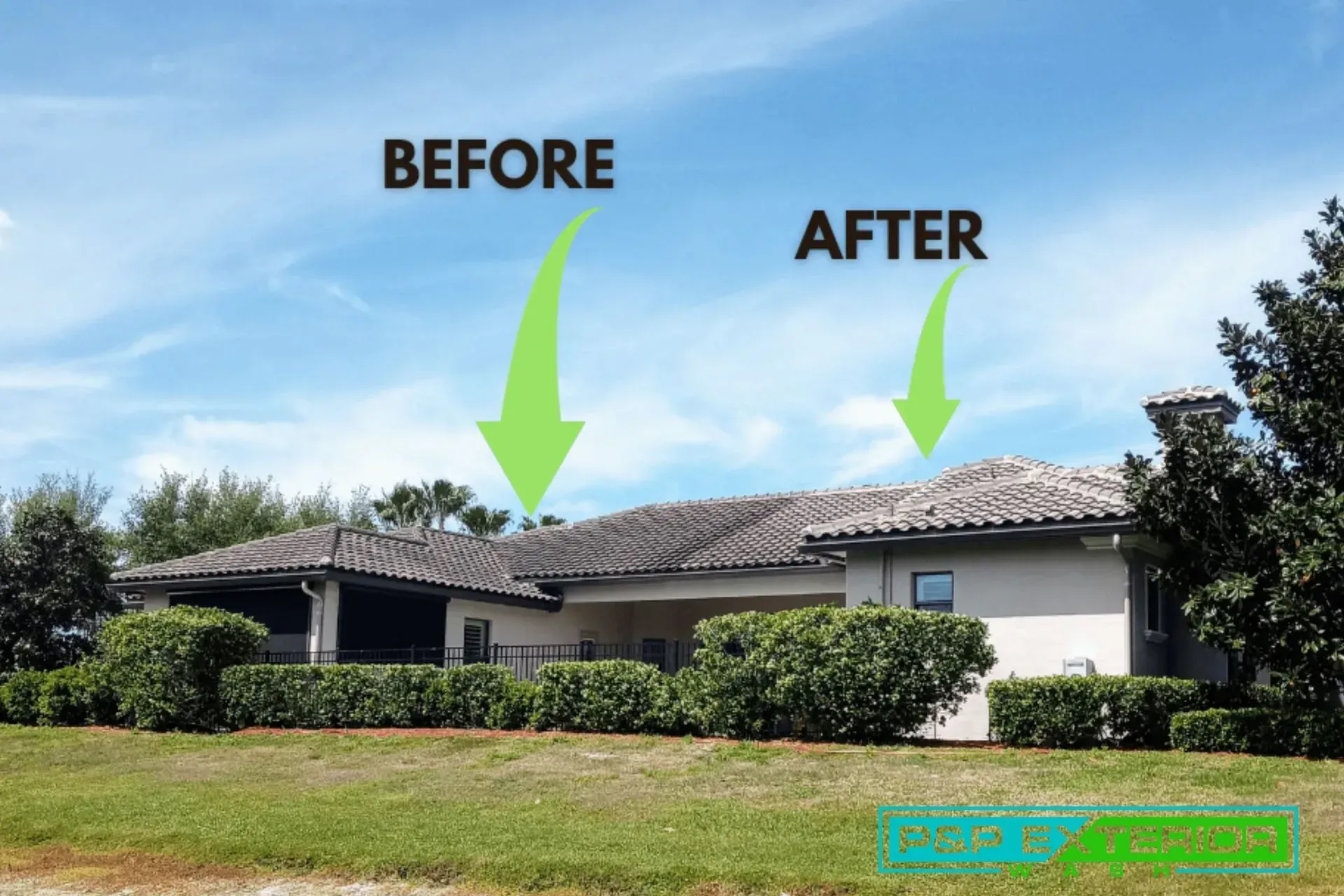 A before and after picture of a house with arrows pointing to the roof