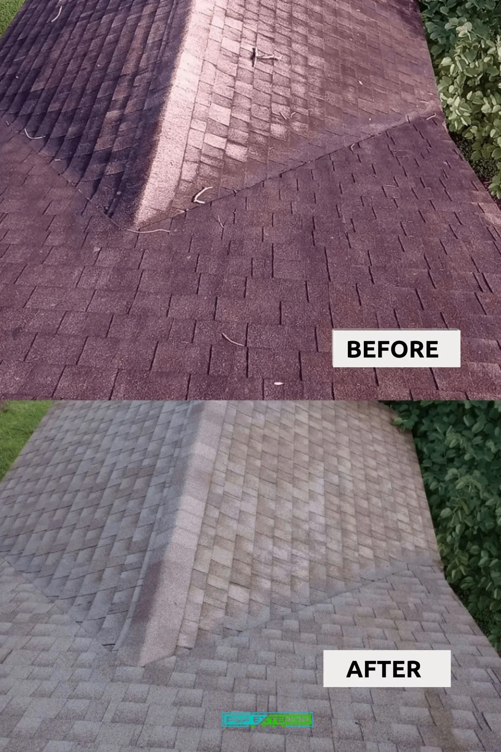 A before and after picture of a roof cleaning.
