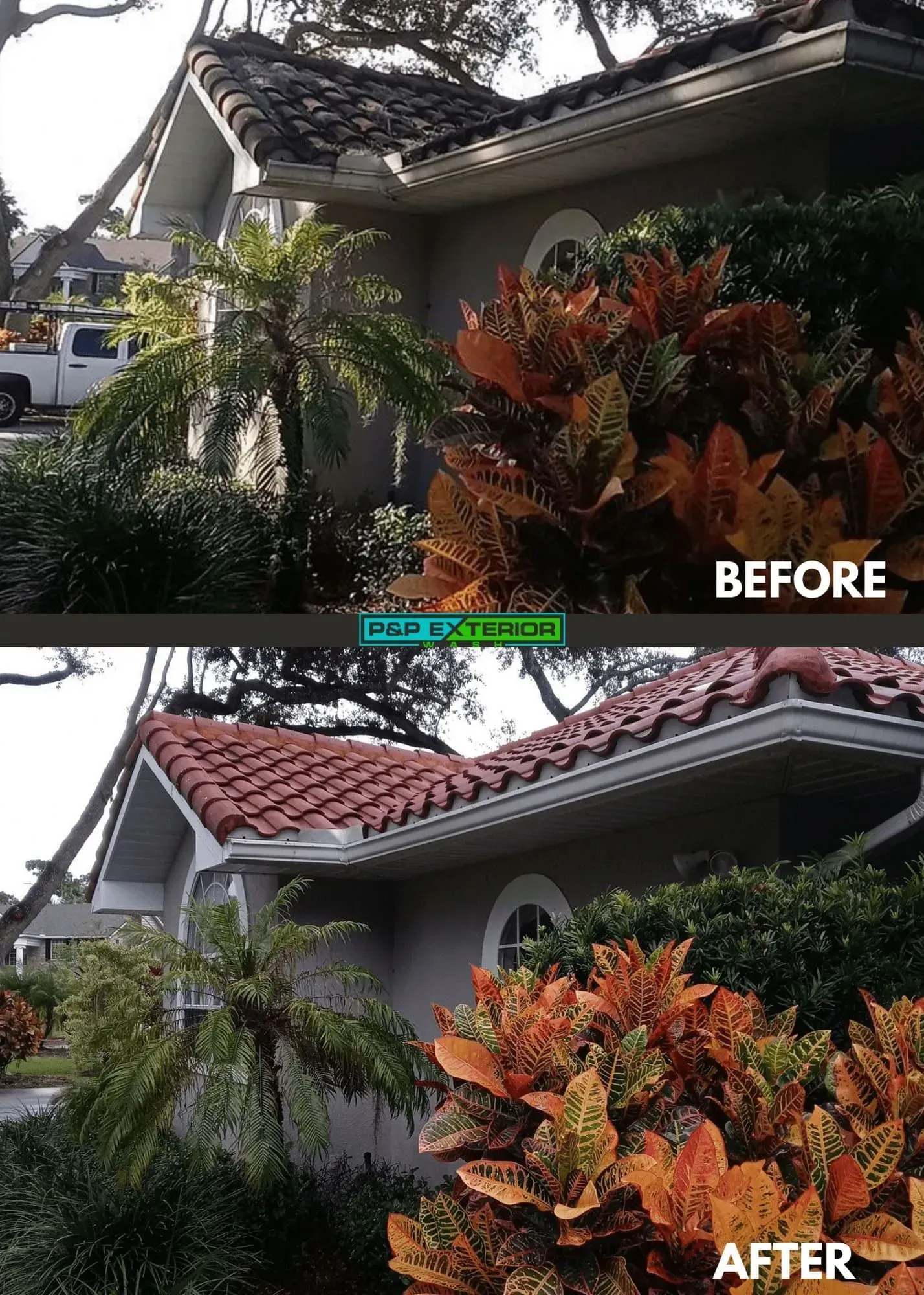 A before and after picture of a house with a red tile roof.