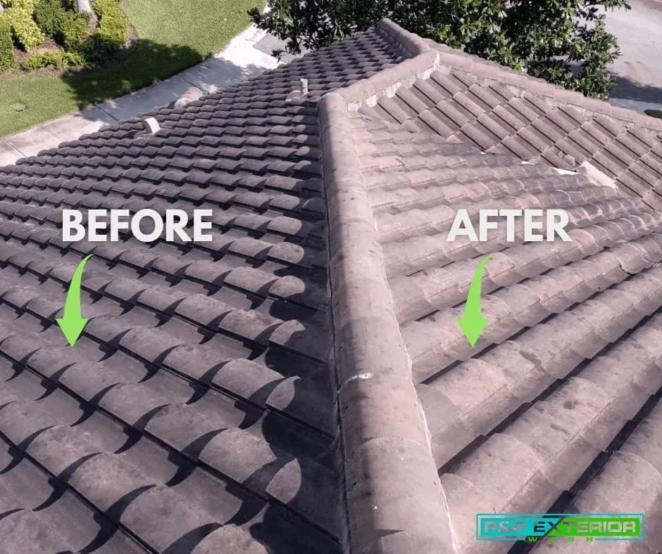 A before and after picture of a tiled roof