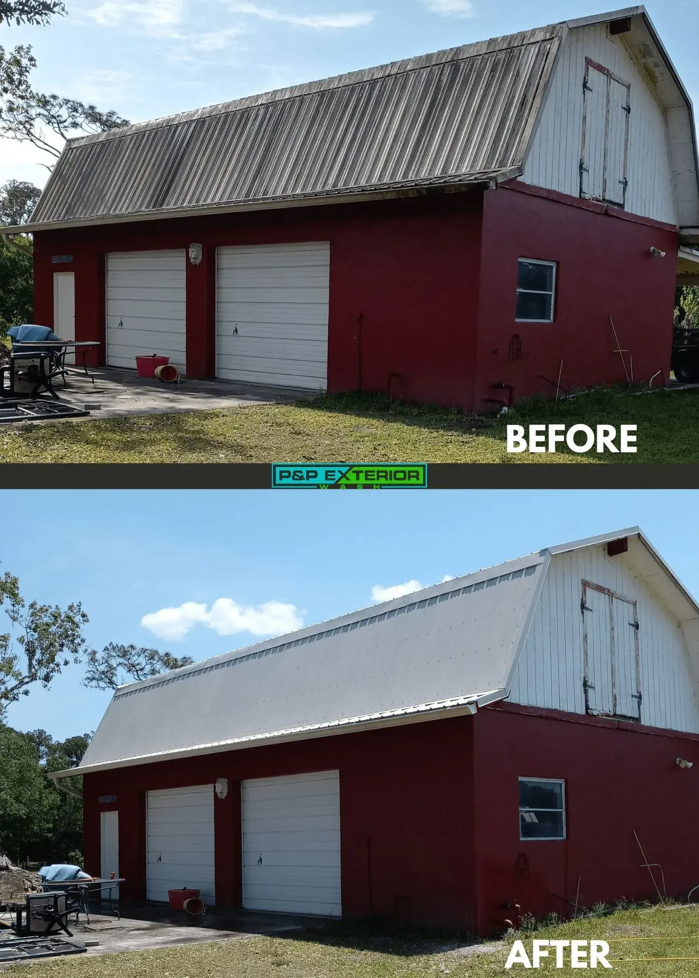 A before and after picture of a red barn