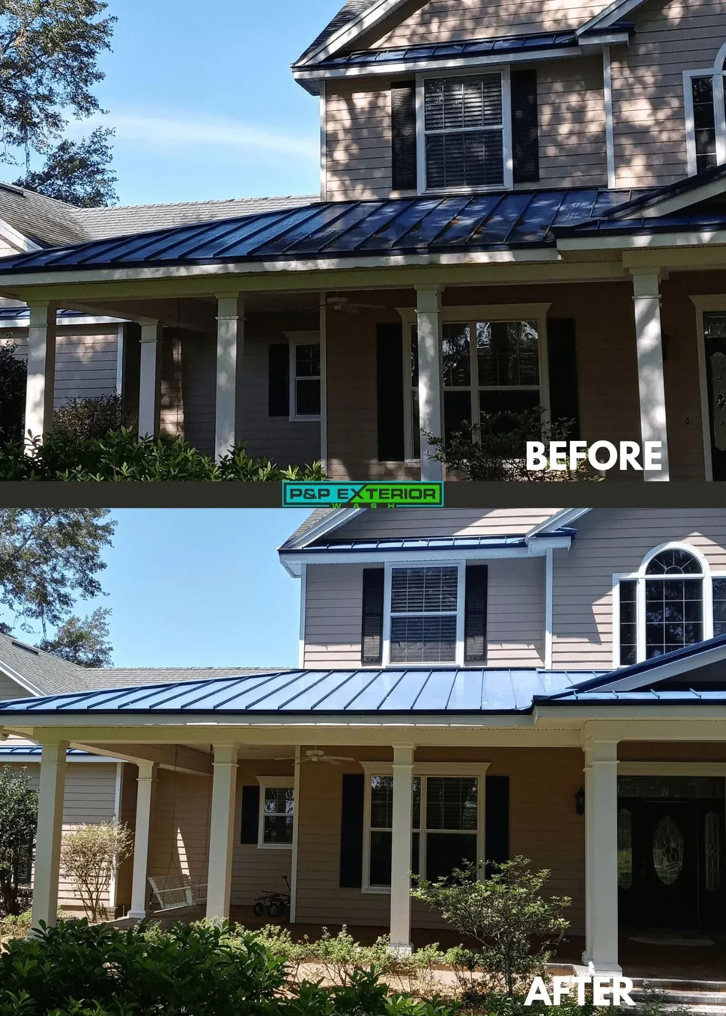 A before and after picture of a house with a metal roof.