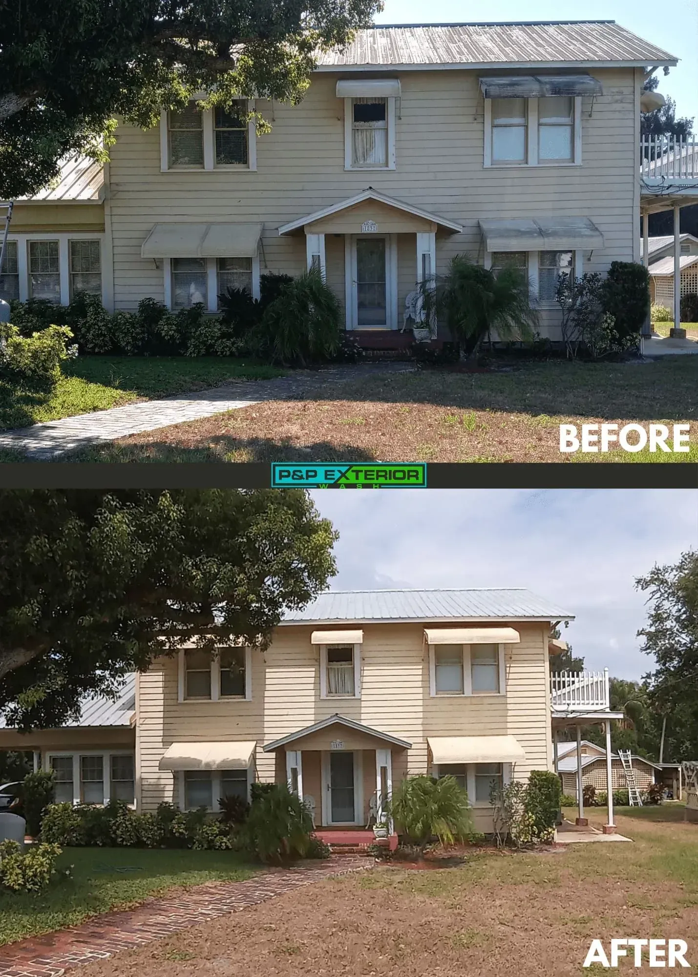 A before and after photo of a house