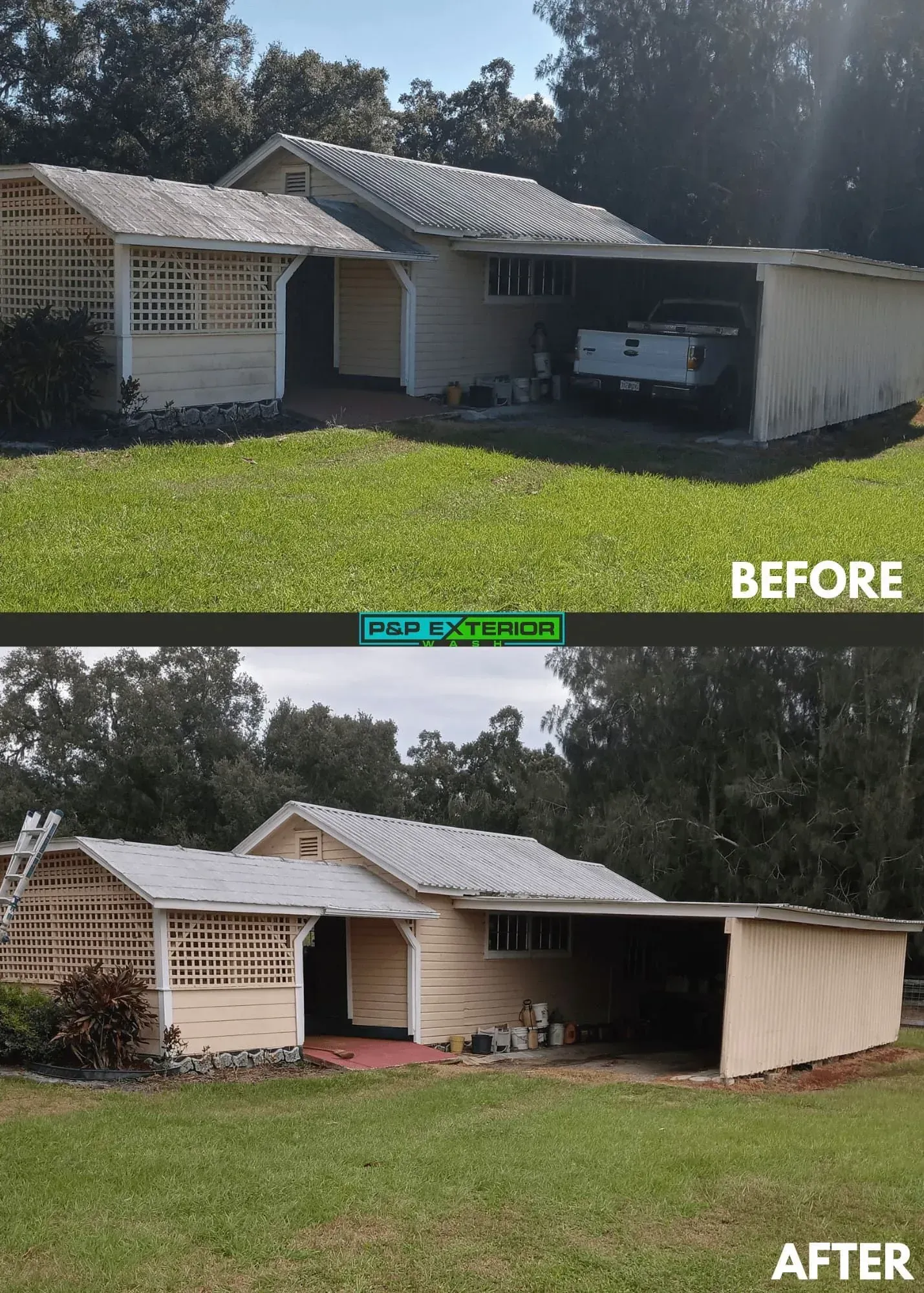 A before and after picture of a house with a garage