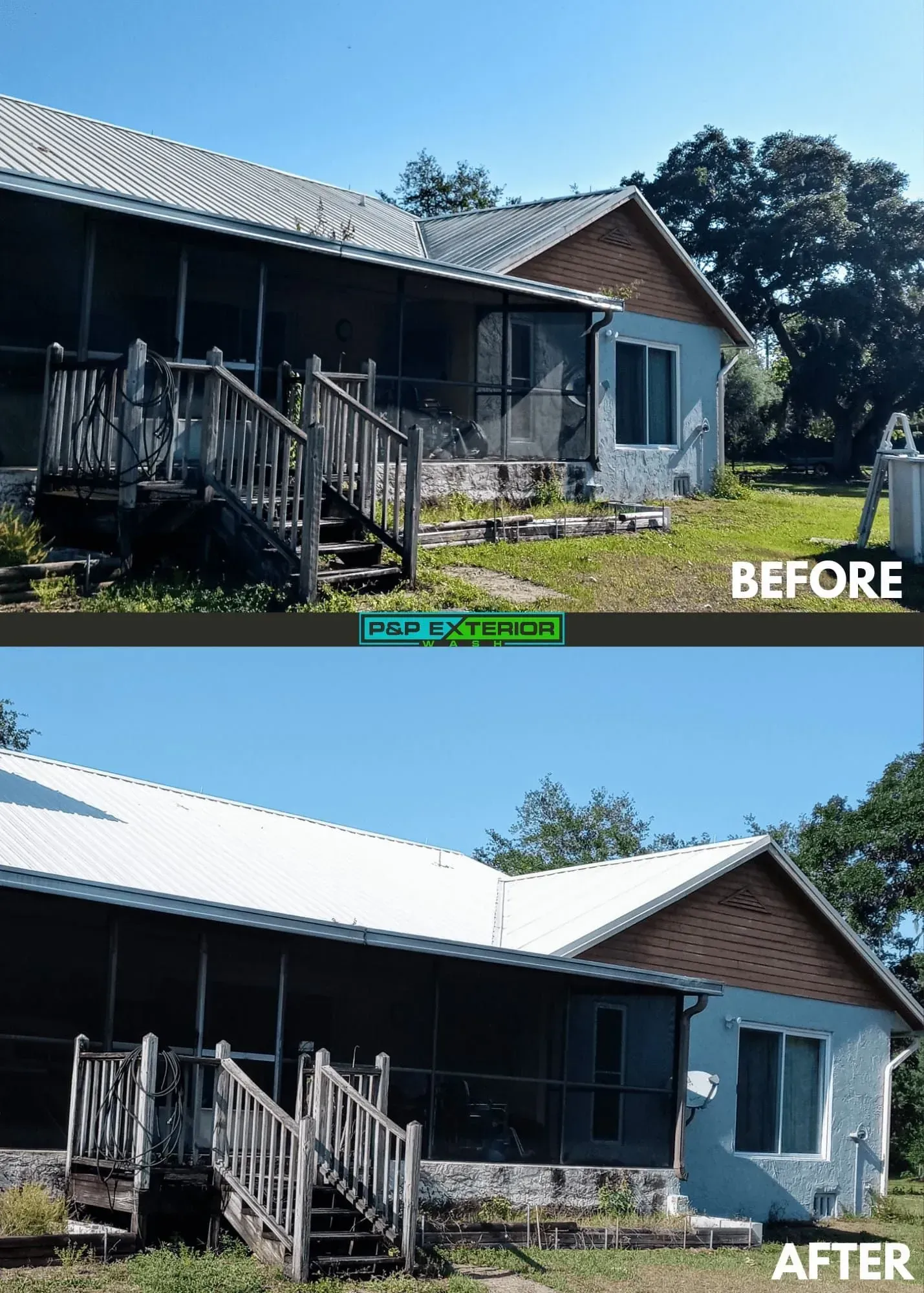 A before and after picture of a house with a white roof