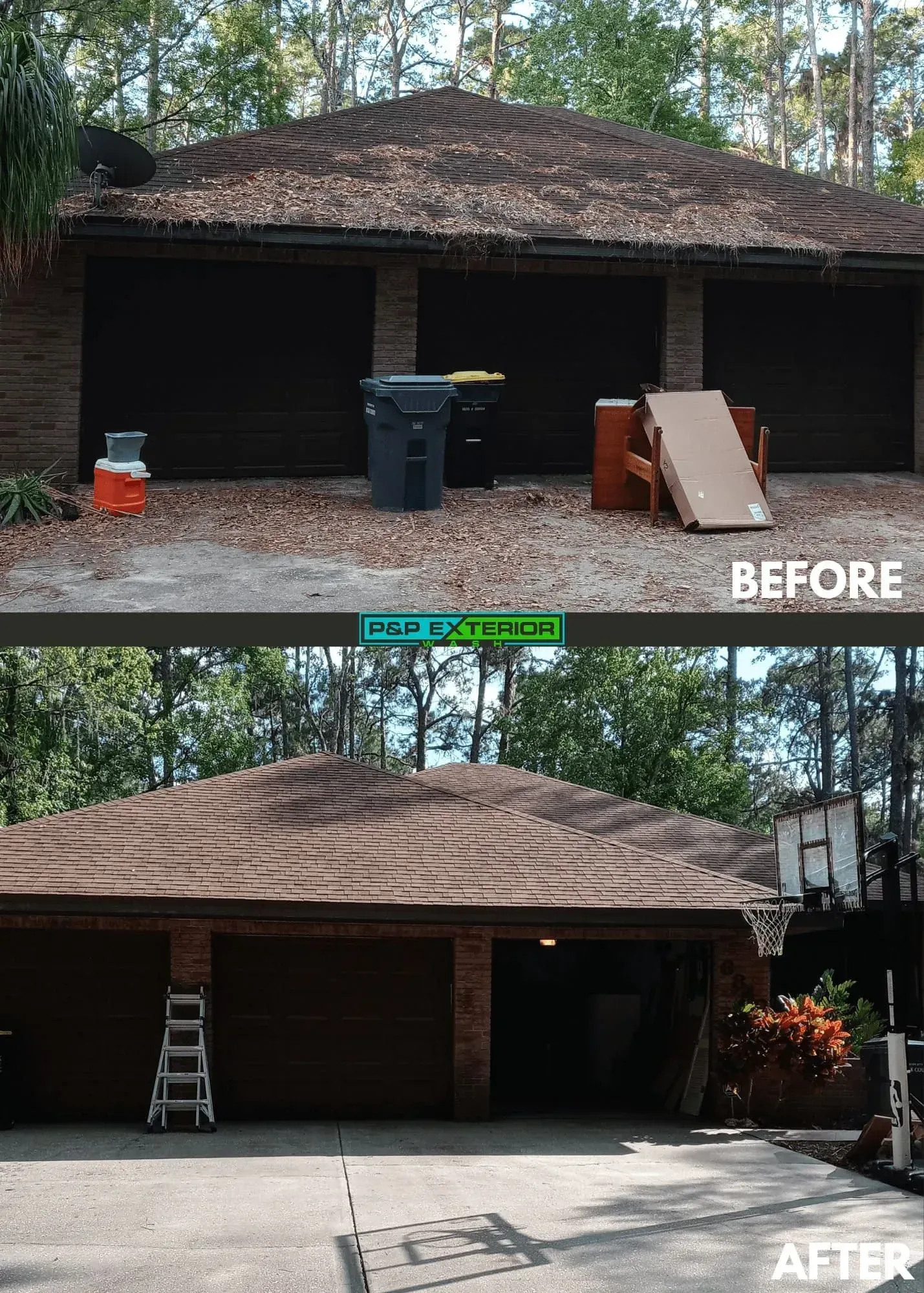 A before and after picture of a house with a thatched roof.