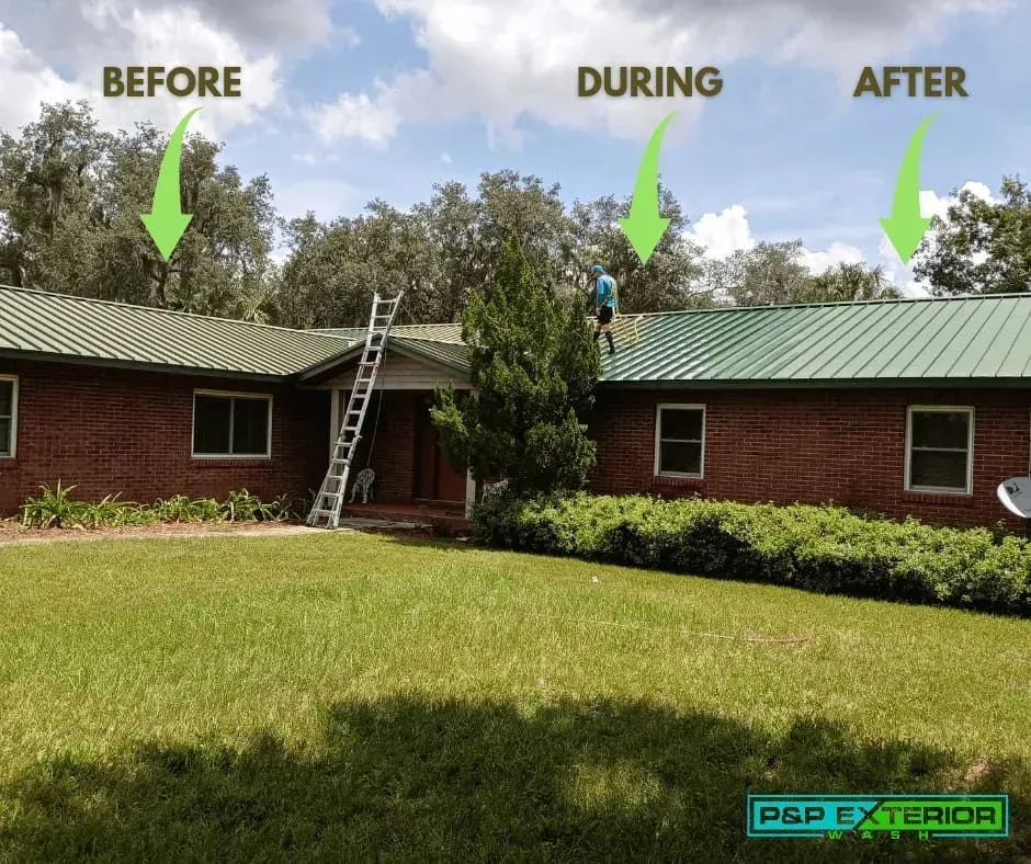 A before and after picture of a brick house