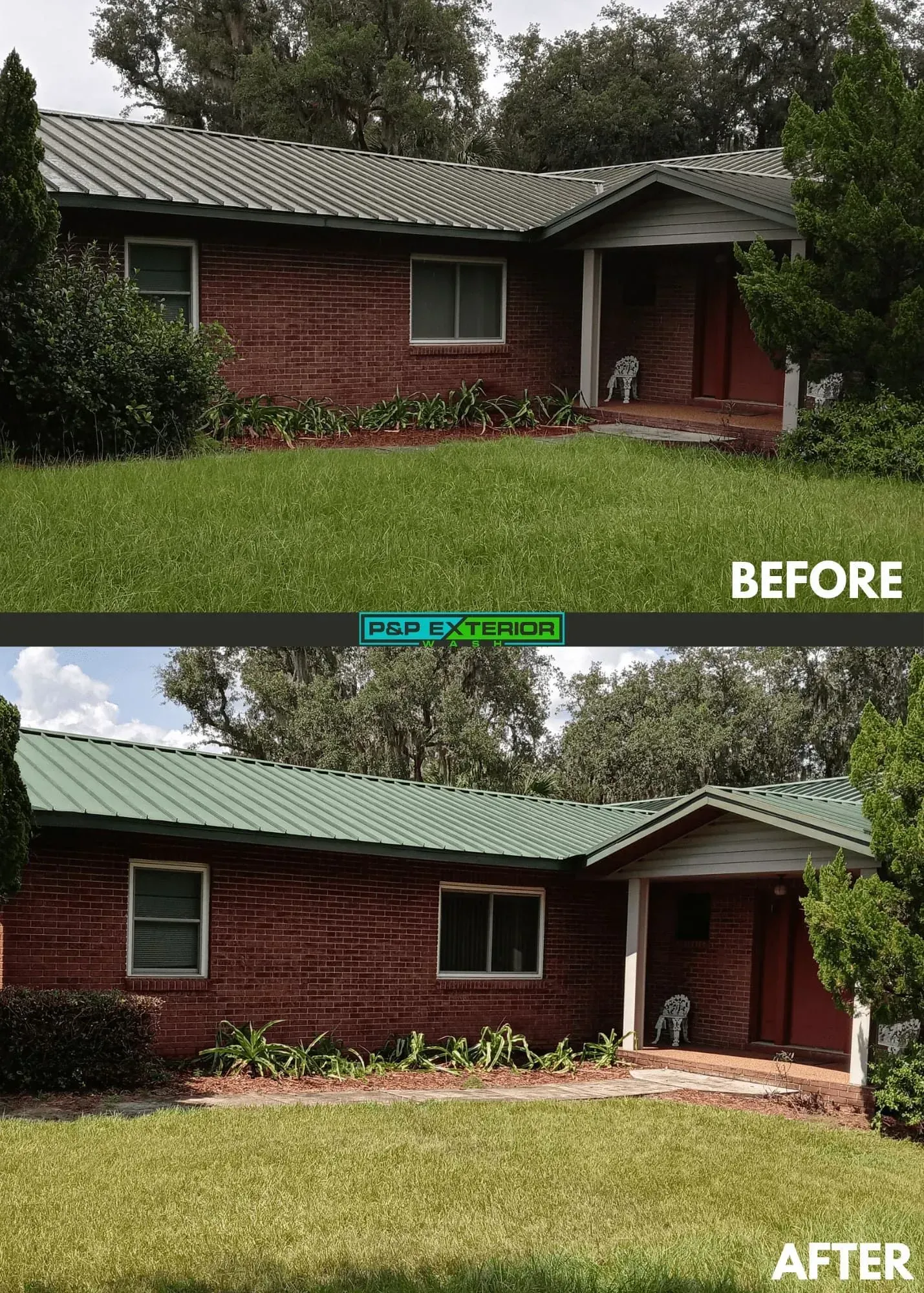 A before and after picture of a brick house with a green roof.